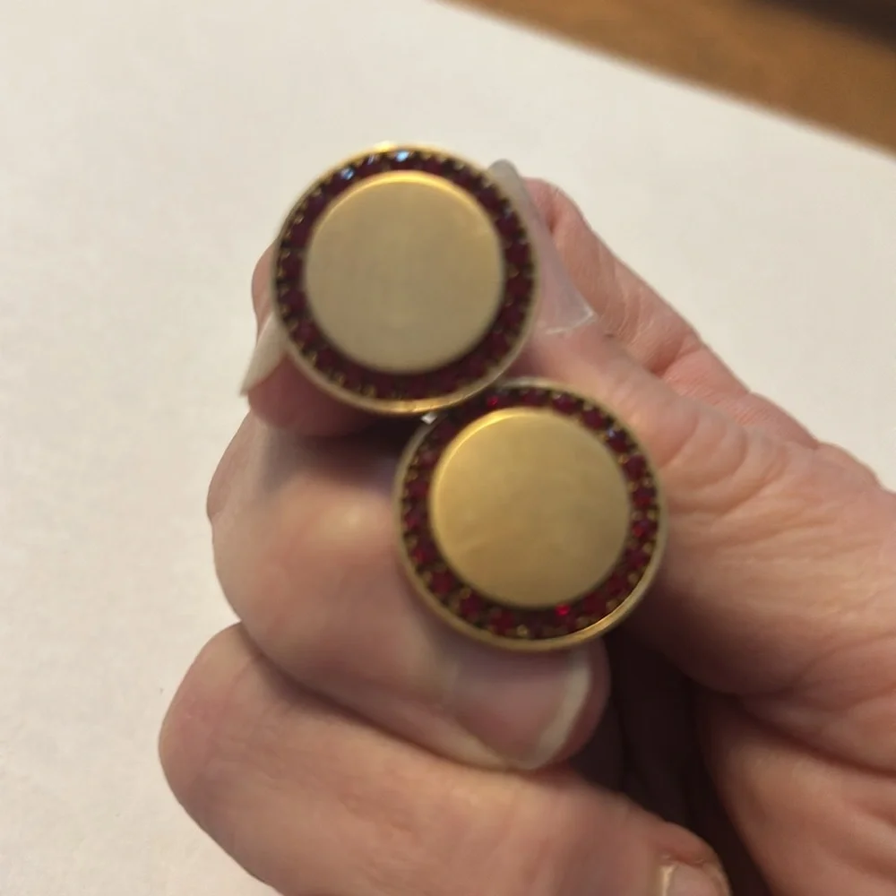 Vintage red Rhinestone circle design Engravable gold tone cufflinks